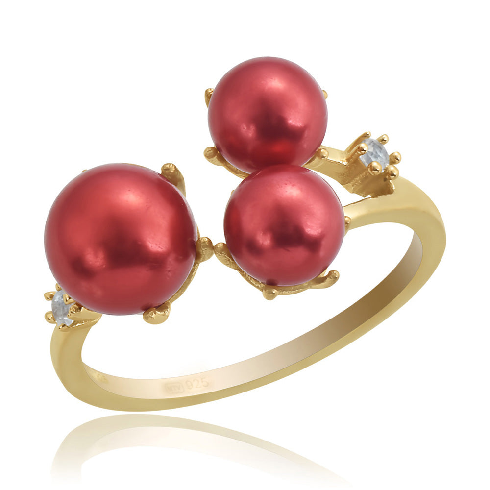 Pozlacené Stříbro 925/1000 - Prsten s Červená sladkovodní Perlou a Bílým Topazem - Karátové číslo: 8.03. přibližná hmotnost: 3.81 gramů 1 