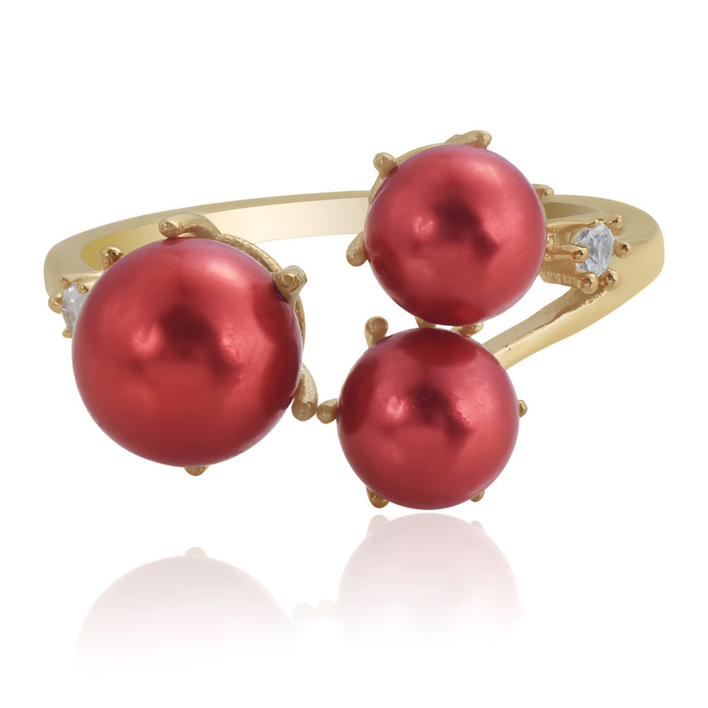 Pozlacené Stříbro 925/1000 - Prsten s Červená sladkovodní Perlou a Bílým Topazem - Karátové číslo: 8.03. přibližná hmotnost: 3.81 gramů 2 