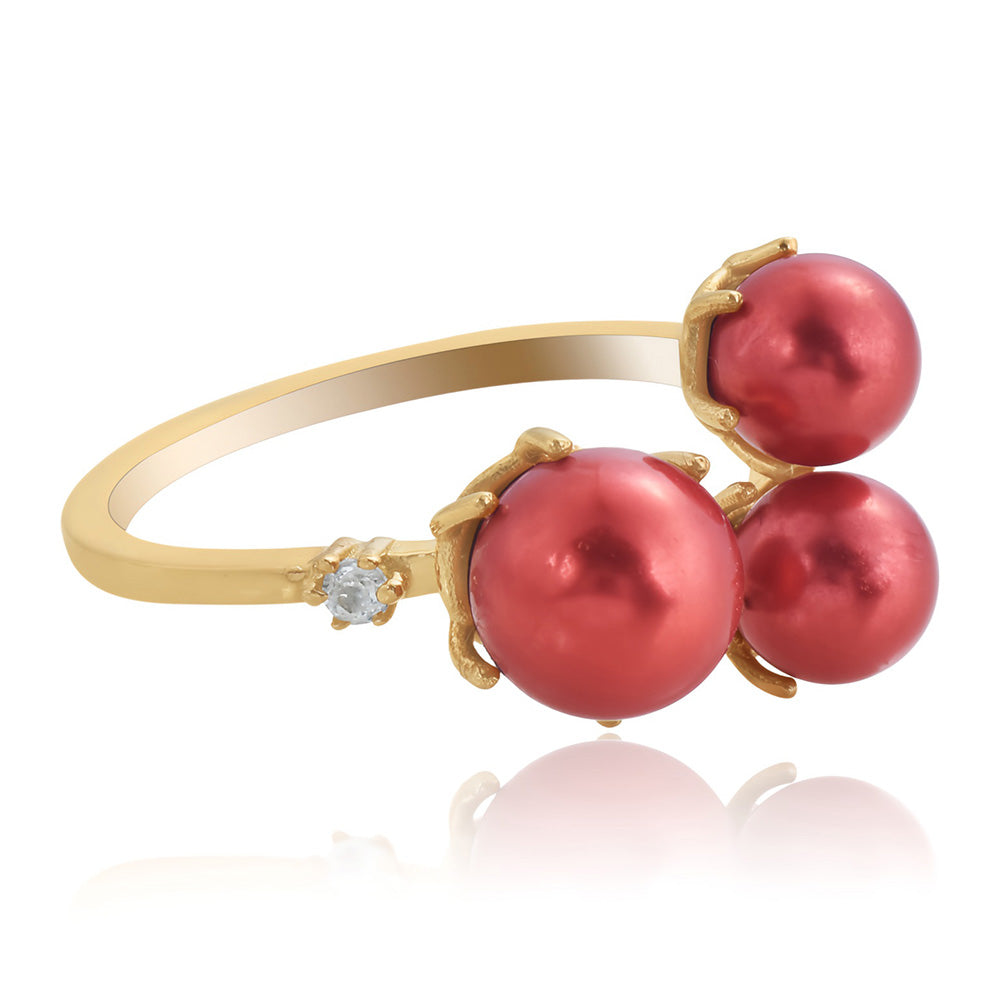 Pozlacené Stříbro 925/1000 - Prsten s Červená sladkovodní Perlou a Bílým Topazem - Karátové číslo: 8.03. přibližná hmotnost: 3.81 gramů 3 