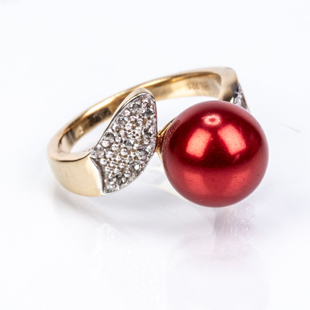 Pozlacené Stříbro 925/1000 - Prsten s Červená sladkovodní Perlou a Bílým Topazem - Karátové číslo: 7.38. přibližná hmotnost: 5.6 gramů 3 