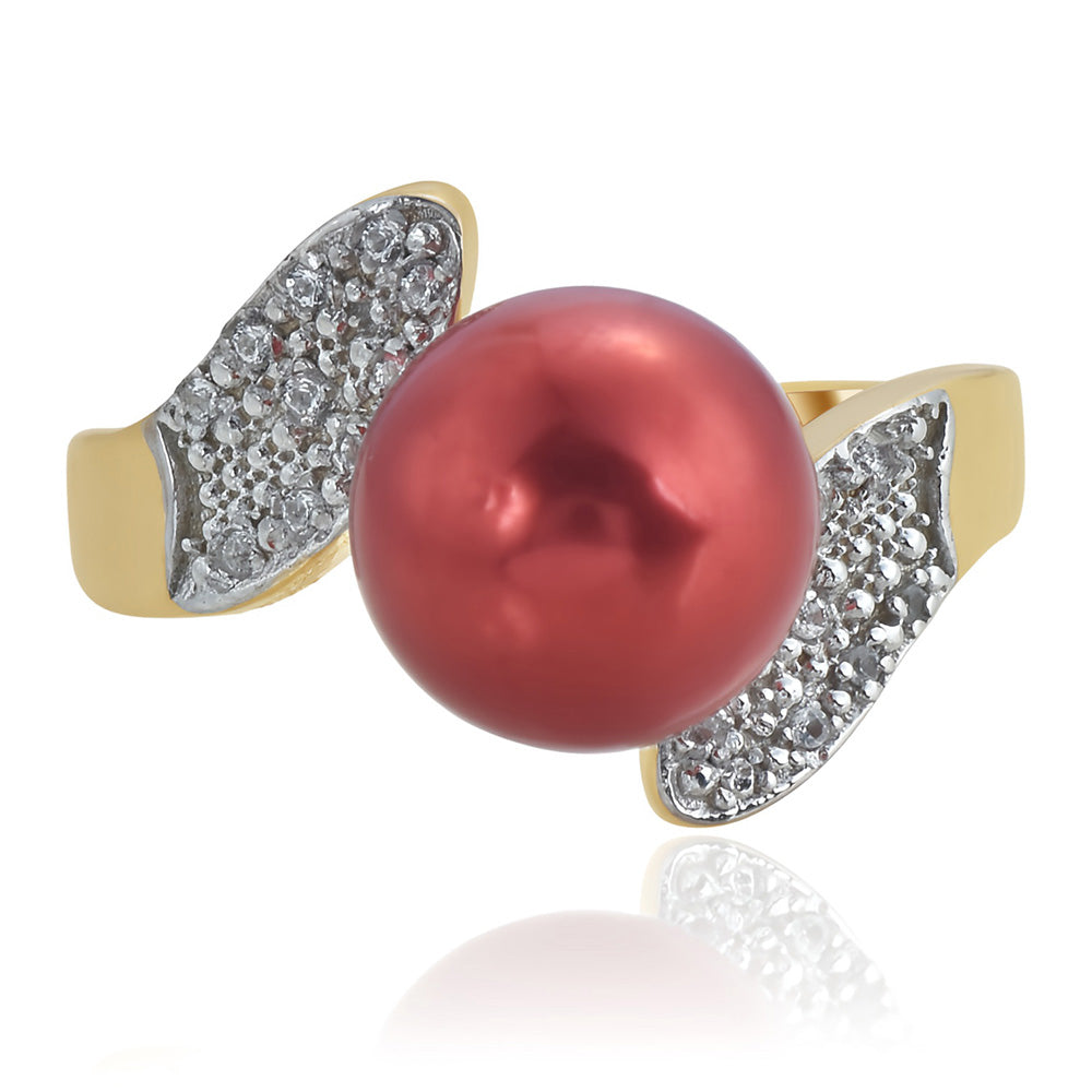 Pozlacené Stříbro 925/1000 - Prsten s Červená sladkovodní Perlou a Bílým Topazem - Karátové číslo: 7.38. přibližná hmotnost: 5.6 gramů