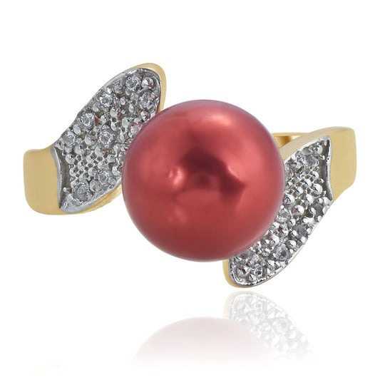 Pozlacené Stříbro 925/1000 - Prsten s Červená sladkovodní Perlou a Bílým Topazem - Karátové číslo: 7.38. přibližná hmotnost: 5.6 gramů