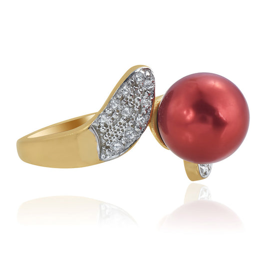 Pozlacené Stříbro 925/1000 - Prsten s Červená sladkovodní Perlou a Bílým Topazem - Karátové číslo: 7.38. přibližná hmotnost: 5.6 gramů