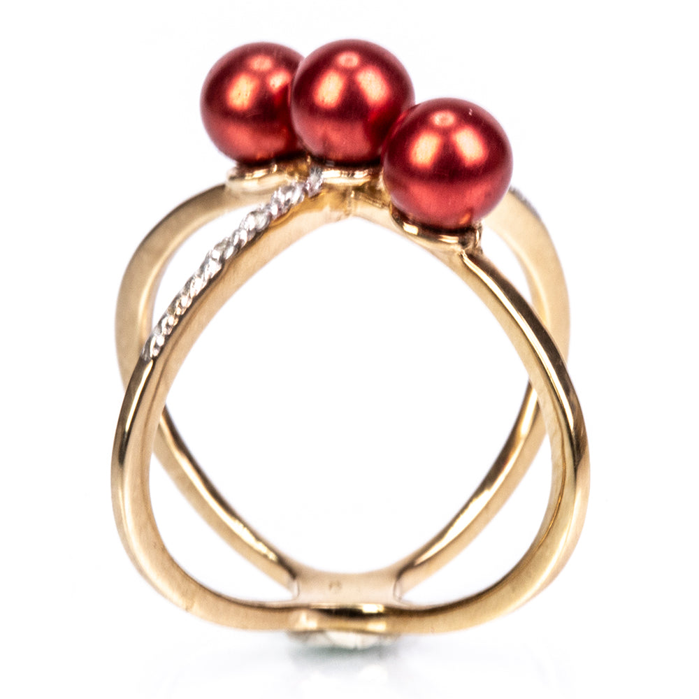 Pozlacené Stříbro 925/1000 - Prsten s Červená sladkovodní Perlou a Bílým Topazem - Karátové číslo: 5.72. přibližná hmotnost: 5.36 gramů 4 