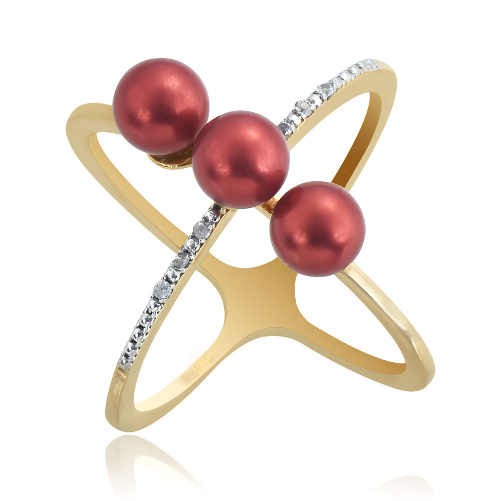 Pozlacené Stříbro 925/1000 - Prsten s Červená sladkovodní Perlou a Bílým Topazem - Karátové číslo: 5.72. přibližná hmotnost: 5.36 gramů