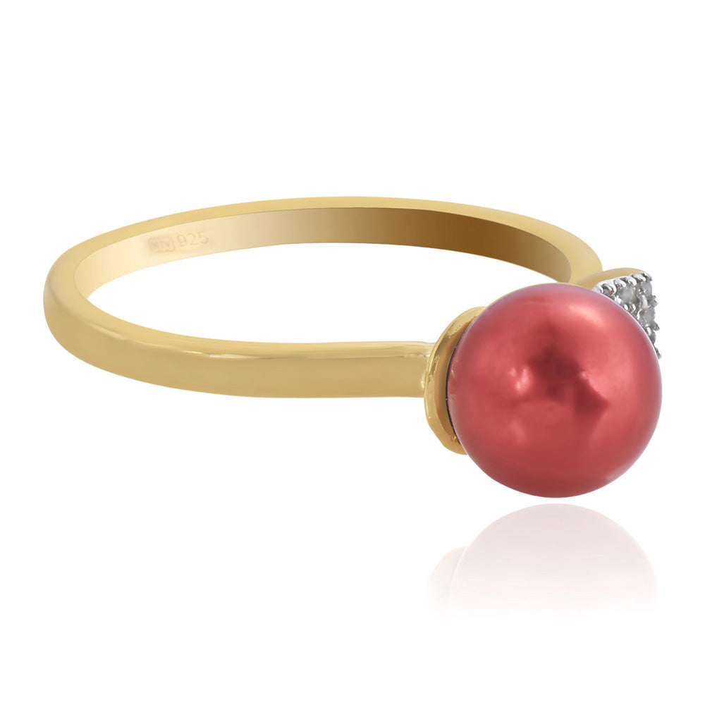 Pozlacené Stříbro 925/1000 - Prsten s Červená sladkovodní Perlou a Bílým Topazem - Karátové číslo: 3.96. přibližná hmotnost: 3 gramů 3 