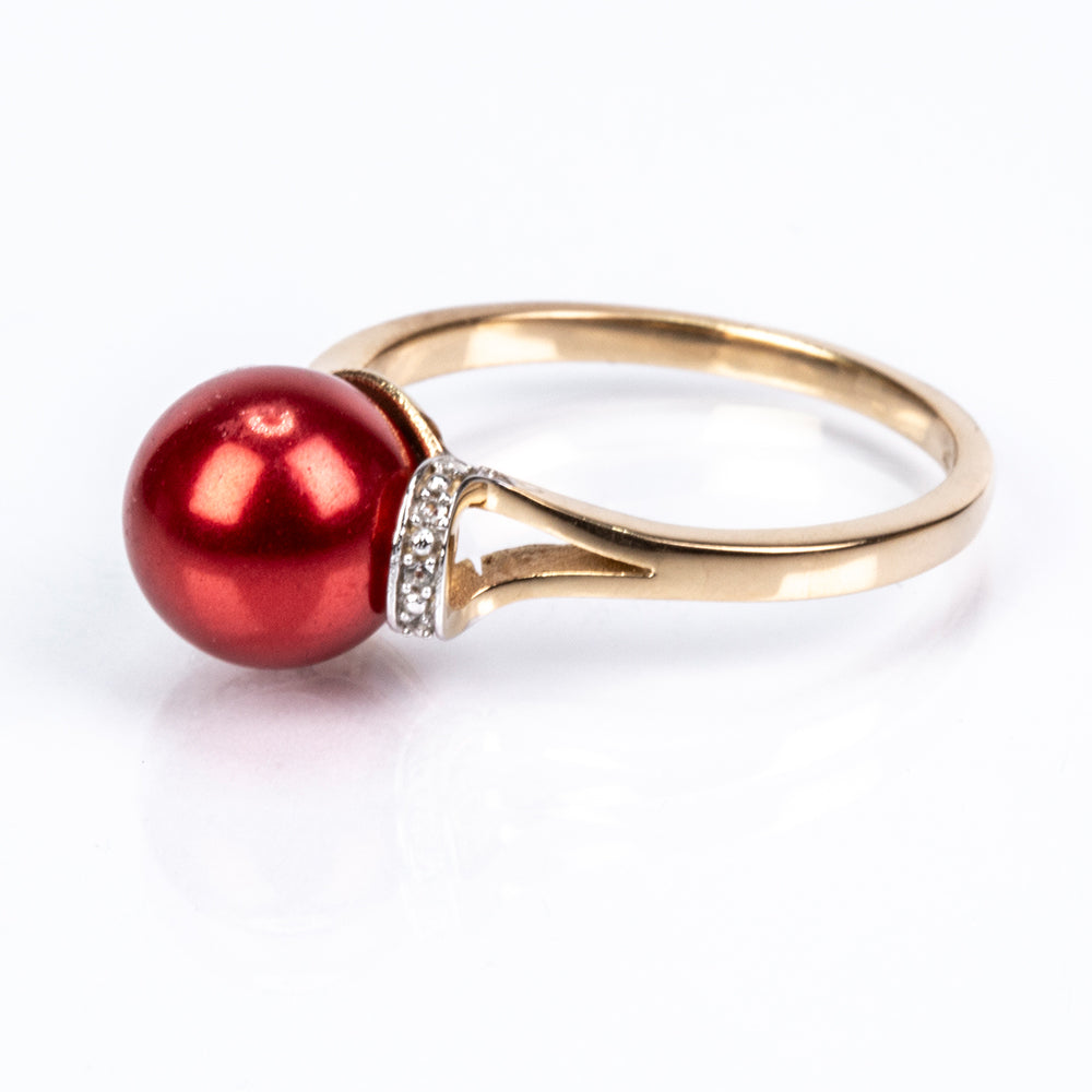 Pozlacené Stříbro 925/1000 - Prsten s Červená sladkovodní Perlou a Bílým Topazem - Karátové číslo: 7.48. přibližná hmotnost: 4.39 gramů 4 