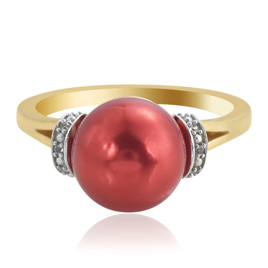 Pozlacené Stříbro 925/1000 - Prsten s Červená sladkovodní Perlou a Bílým Topazem - Karátové číslo: 7.48. přibližná hmotnost: 4.39 gramů