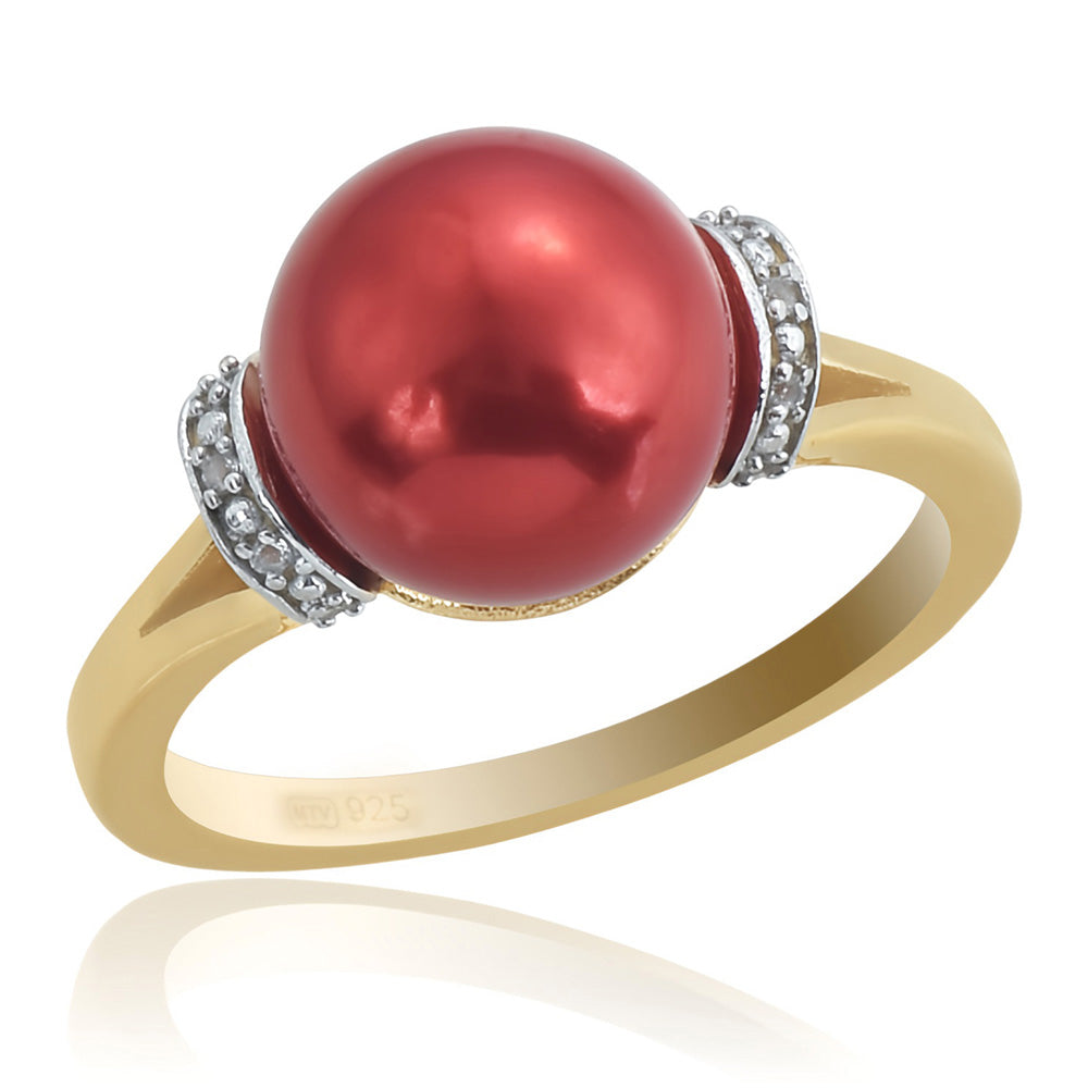 Pozlacené Stříbro 925/1000 - Prsten s Červená sladkovodní Perlou a Bílým Topazem - Karátové číslo: 7.48. přibližná hmotnost: 4.39 gramů 1 