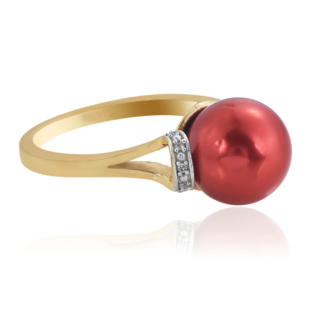 Pozlacené Stříbro 925/1000 - Prsten s Červená sladkovodní Perlou a Bílým Topazem - Karátové číslo: 7.48. přibližná hmotnost: 4.39 gramů