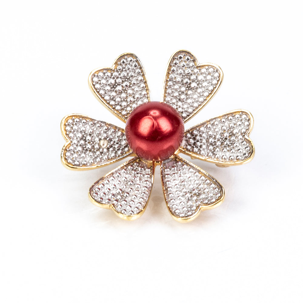 Pozlacené Stříbro 925/1000 - Brož s Červená sladkovodní Perlou a Bílým Topazem - Karátové číslo: 3.87. přibližná hmotnost: 4.66 gramů 4 