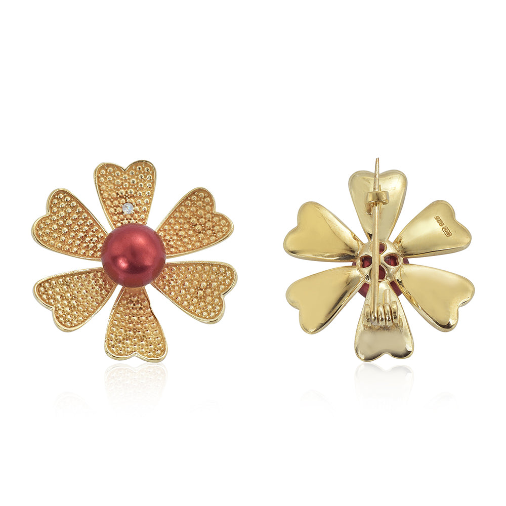 Pozlacené Stříbro 925/1000 - Brož s Červená sladkovodní Perlou a Bílým Topazem - Karátové číslo: 3.87. přibližná hmotnost: 4.66 gramů 1 