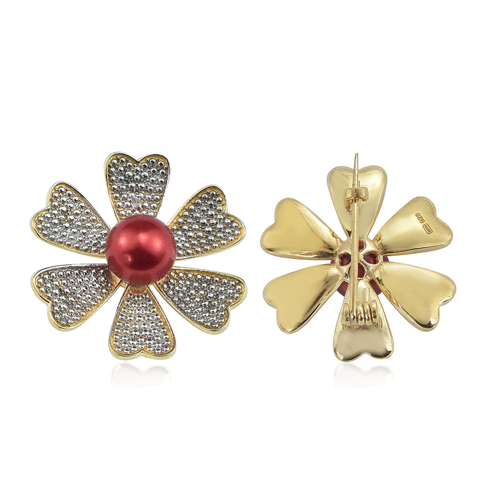 Pozlacené Stříbro 925/1000 - Brož s Červená sladkovodní Perlou a Bílým Topazem - Karátové číslo: 3.87. přibližná hmotnost: 4.66 gramů