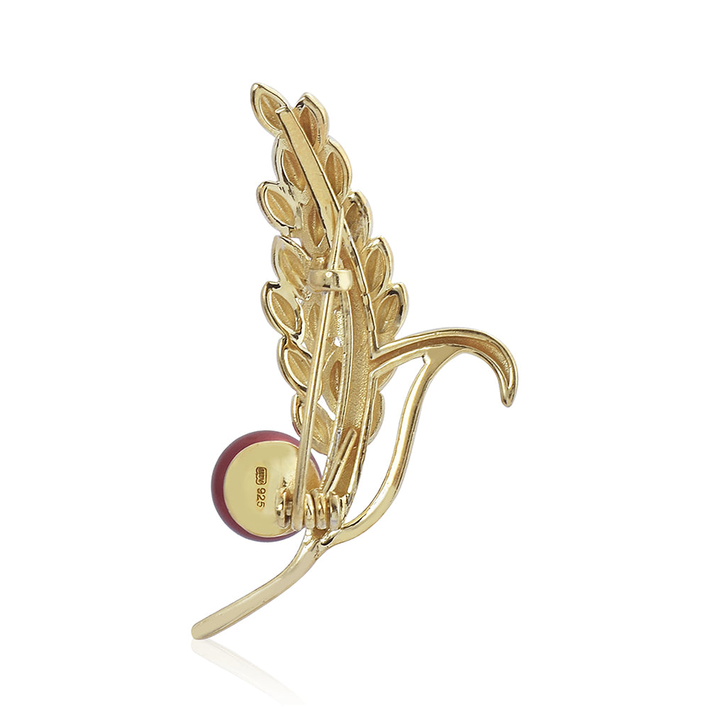 Pozlacené Stříbro 925/1000 - Brož s Červená sladkovodní Perlou - Karátové číslo: 3.86. přibližná hmotnost: 5.41 gramů 2 