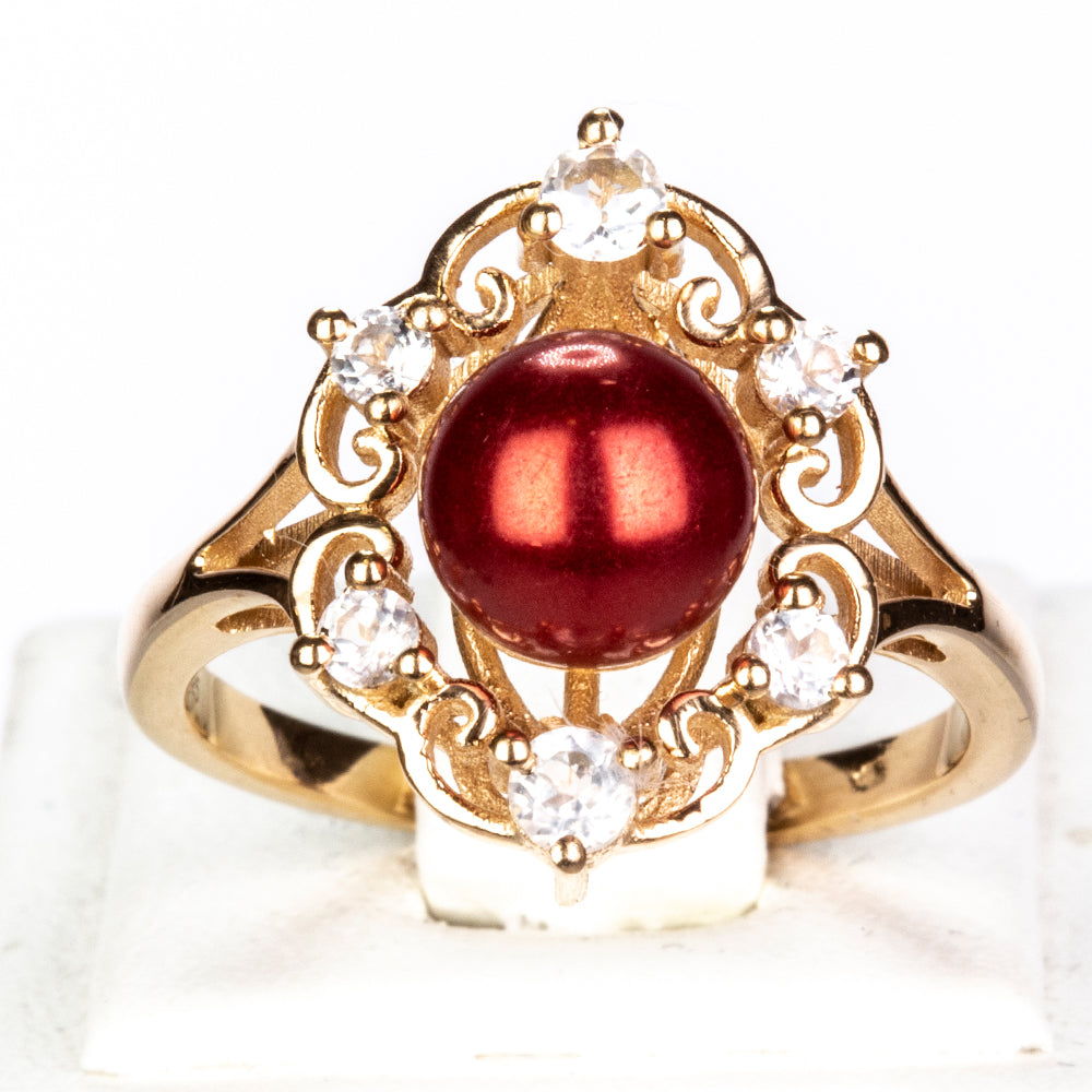 Pozlacené Stříbro 925/1000 - Prsten s Červená sladkovodní Perlou a Bílým Topazem - Karátové číslo: 4.46. přibližná hmotnost: 5.01 gramů 1 