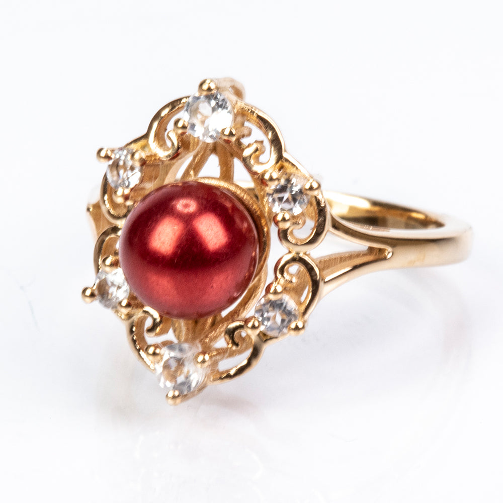 Pozlacené Stříbro 925/1000 - Prsten s Červená sladkovodní Perlou a Bílým Topazem - Karátové číslo: 4.46. přibližná hmotnost: 5.01 gramů 2 
