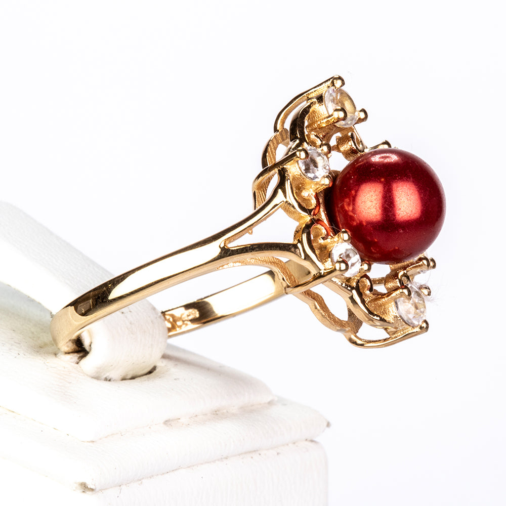 Pozlacené Stříbro 925/1000 - Prsten s Červená sladkovodní Perlou a Bílým Topazem - Karátové číslo: 4.46. přibližná hmotnost: 5.01 gramů 3 
