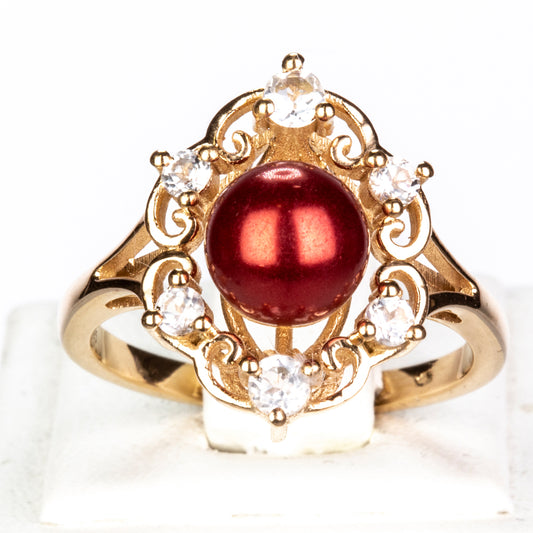 Pozlacené Stříbro 925/1000 - Prsten s Červená sladkovodní Perlou a Bílým Topazem - Karátové číslo: 4.46. přibližná hmotnost: 5.01 gramů