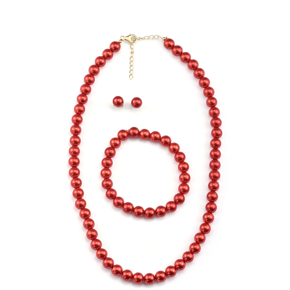 Pozlacená Stříbrná Sada s Červená sladkovodní Perlou ( Náhrdelník+Náušnice+Náramek ) 1 