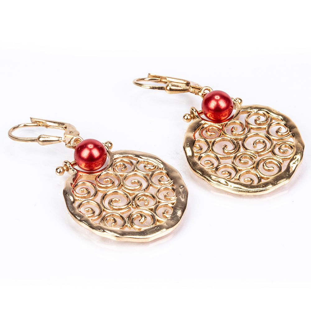 Pozlacené Stříbrné Náušnice s Červená sladkovodní Perlou