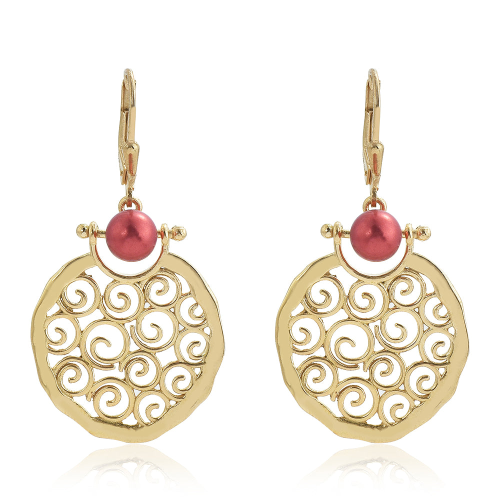 Pozlacené Stříbrné Náušnice s Červená sladkovodní Perlou