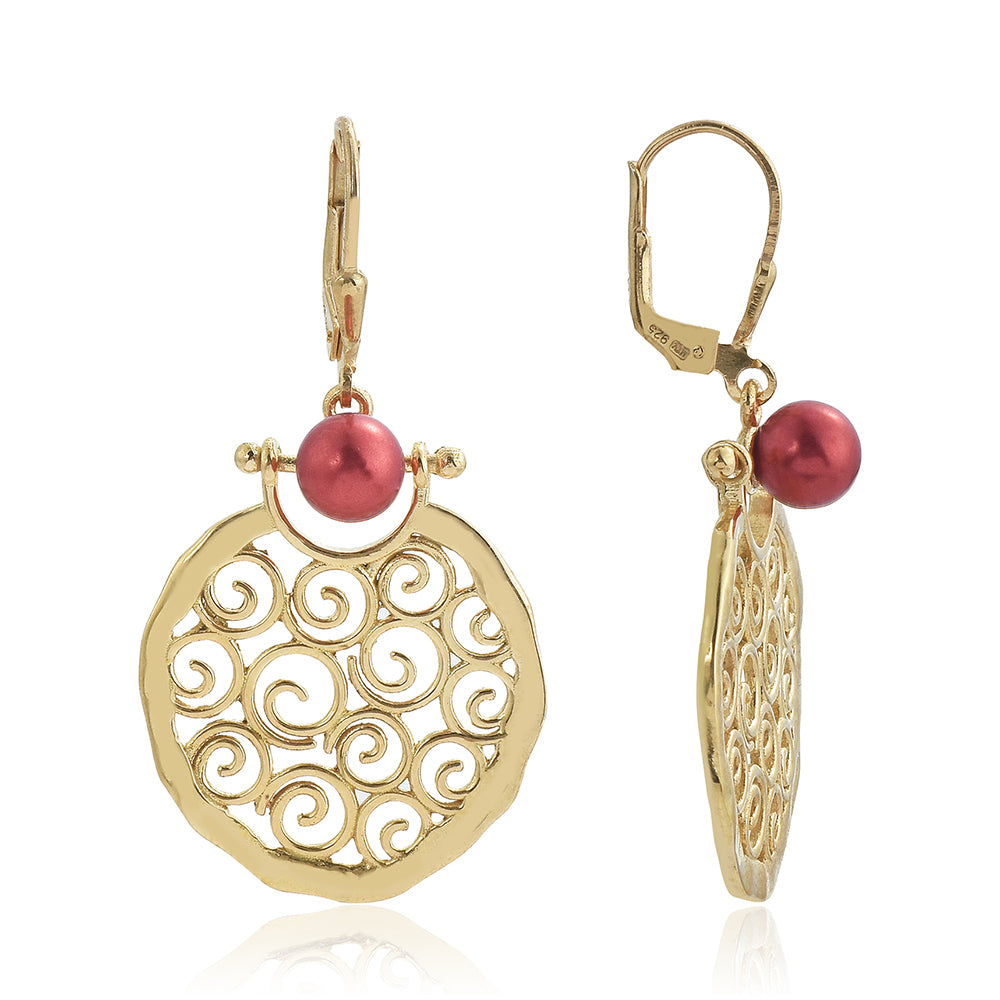 Pozlacené Stříbrné Náušnice s Červená sladkovodní Perlou 1 
