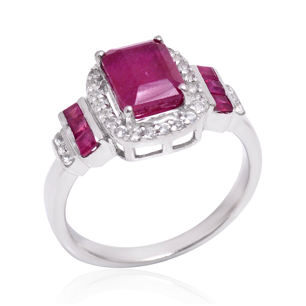 Stříbro 925/1000 - Prsten s Madagaskarským Rubínem a Bílým Topazem - Karátové číslo: 2.68. přibližná hmotnost: 3.71 gramů
