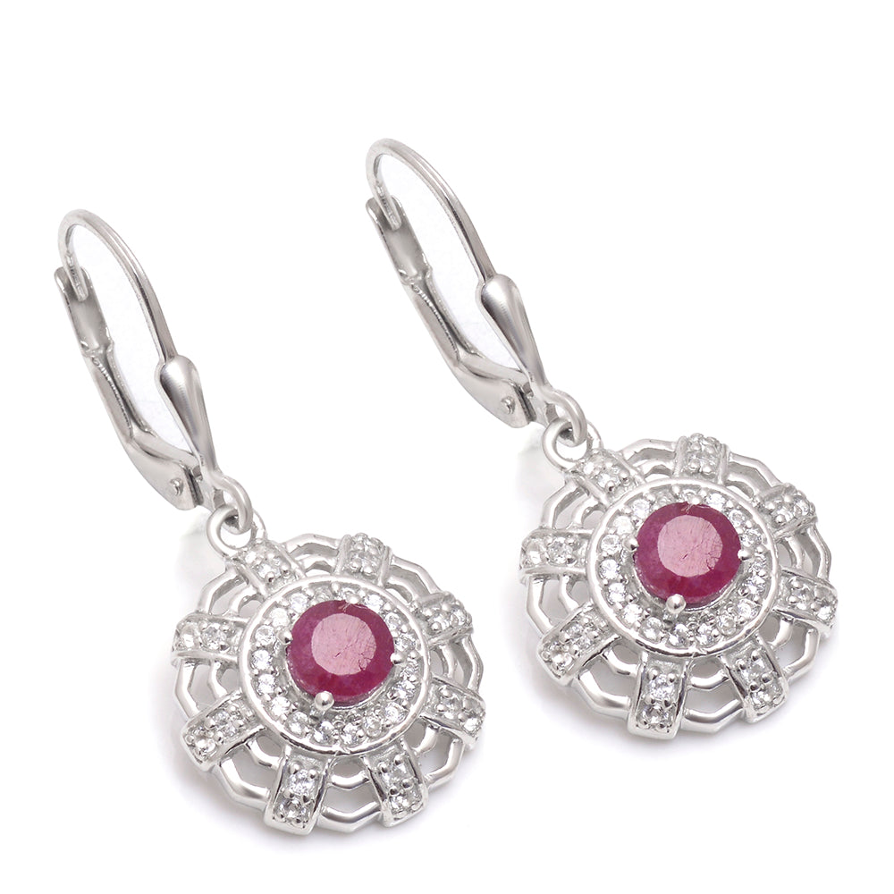 Stříbro 925/1000 - Náušnice s Madagaskarským Rubínem a Bílým Topazem - Karátové číslo: 1.38. přibližná hmotnost: 4.56 gramů