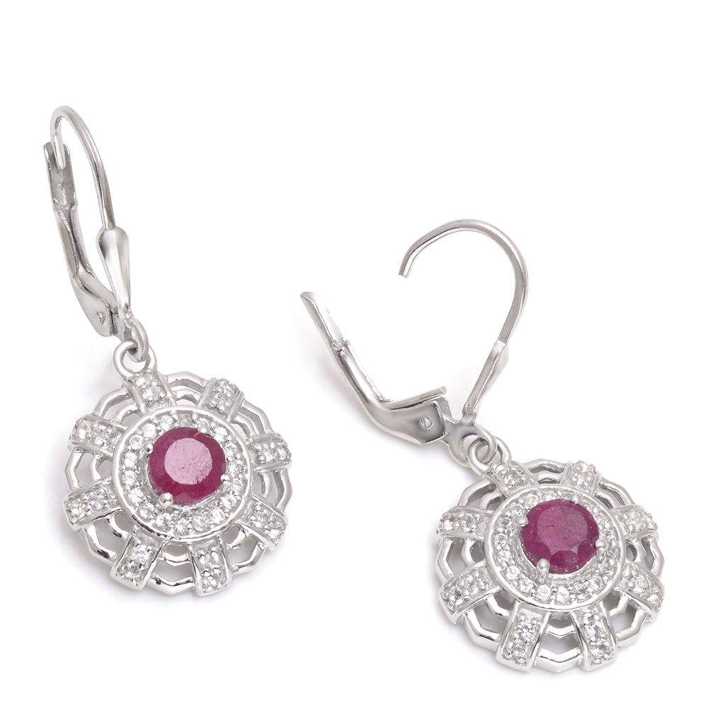Stříbro 925/1000 - Náušnice s Madagaskarským Rubínem a Bílým Topazem - Karátové číslo: 1.38. přibližná hmotnost: 4.56 gramů