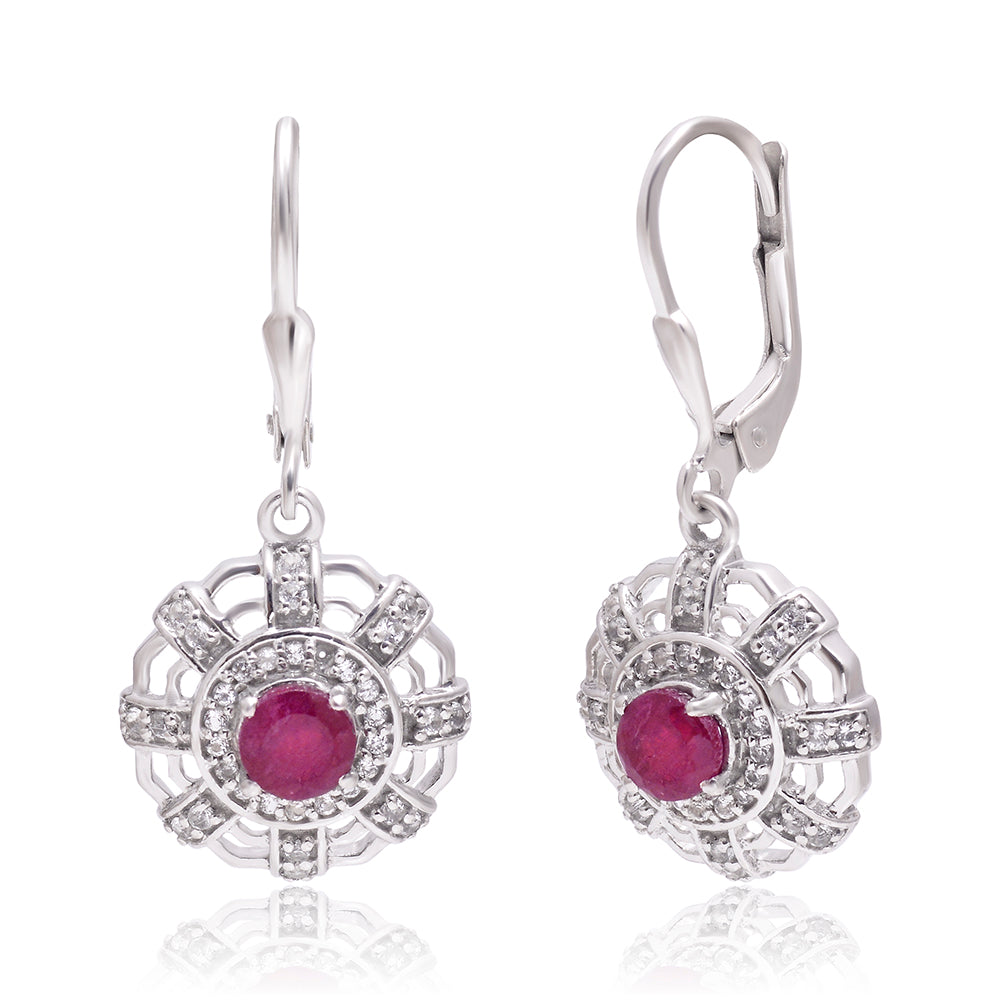 Stříbro 925/1000 - Náušnice s Madagaskarským Rubínem a Bílým Topazem - Karátové číslo: 1.38. přibližná hmotnost: 4.56 gramů 1 