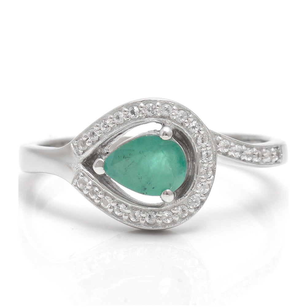 Stříbro 925/1000 - Prsten s Brazilským Smaragdem a Bílým Topazem - Karátové číslo: 0.7. přibližná hmotnost: 3.42 gramů