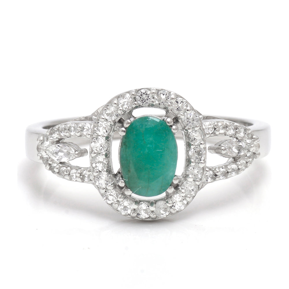 Stříbro 925/1000 - Prsten s Brazilským Smaragdem a Bílým Topazem - Karátové číslo: 0.94. přibližná hmotnost: 3.36 gramů