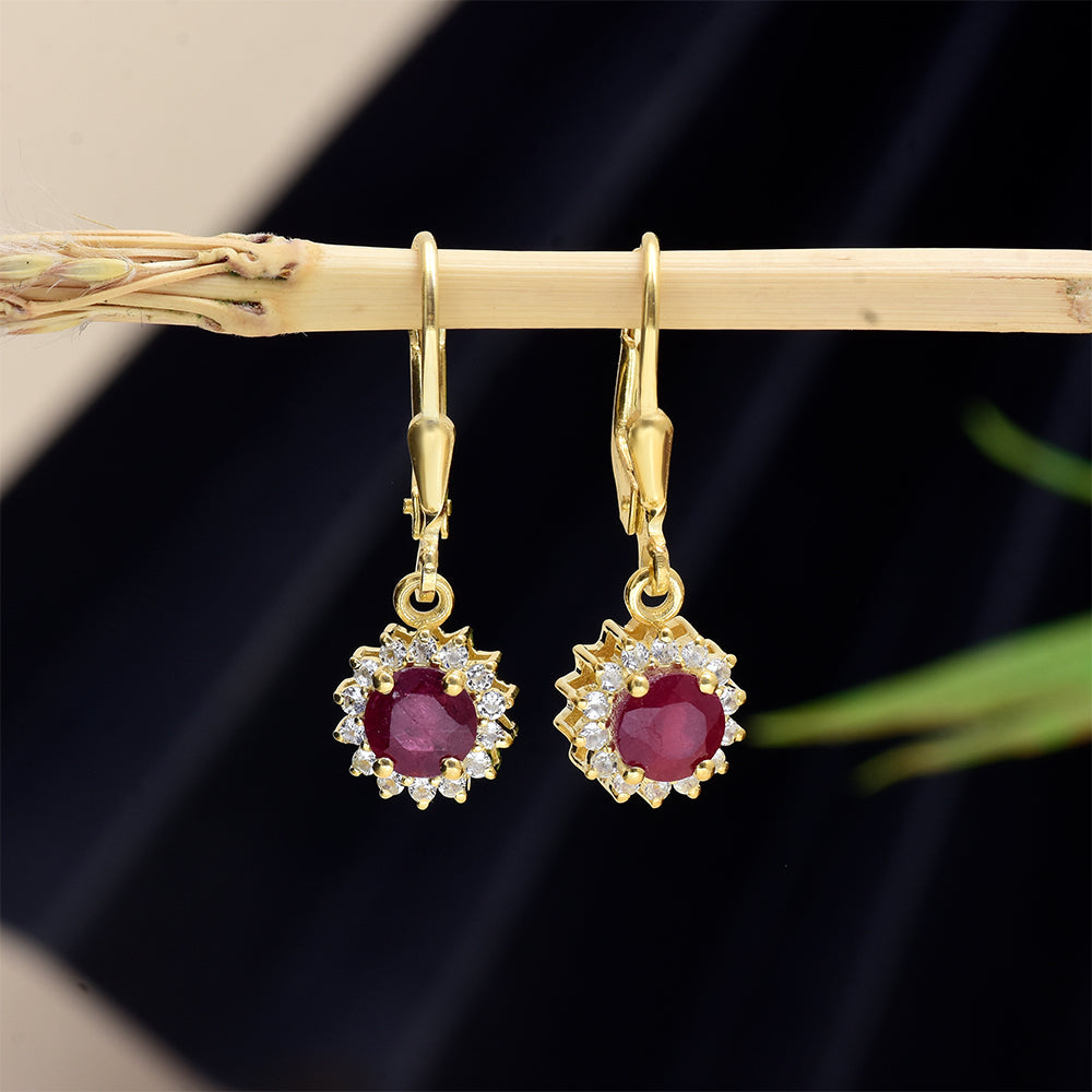 Pozlacené Stříbro 925/1000 - Náušnice s Madagaskarským Rubínem a Bílým Topazem - Karátové číslo: 0.91. přibližná hmotnost: 2.75 gramů 3 