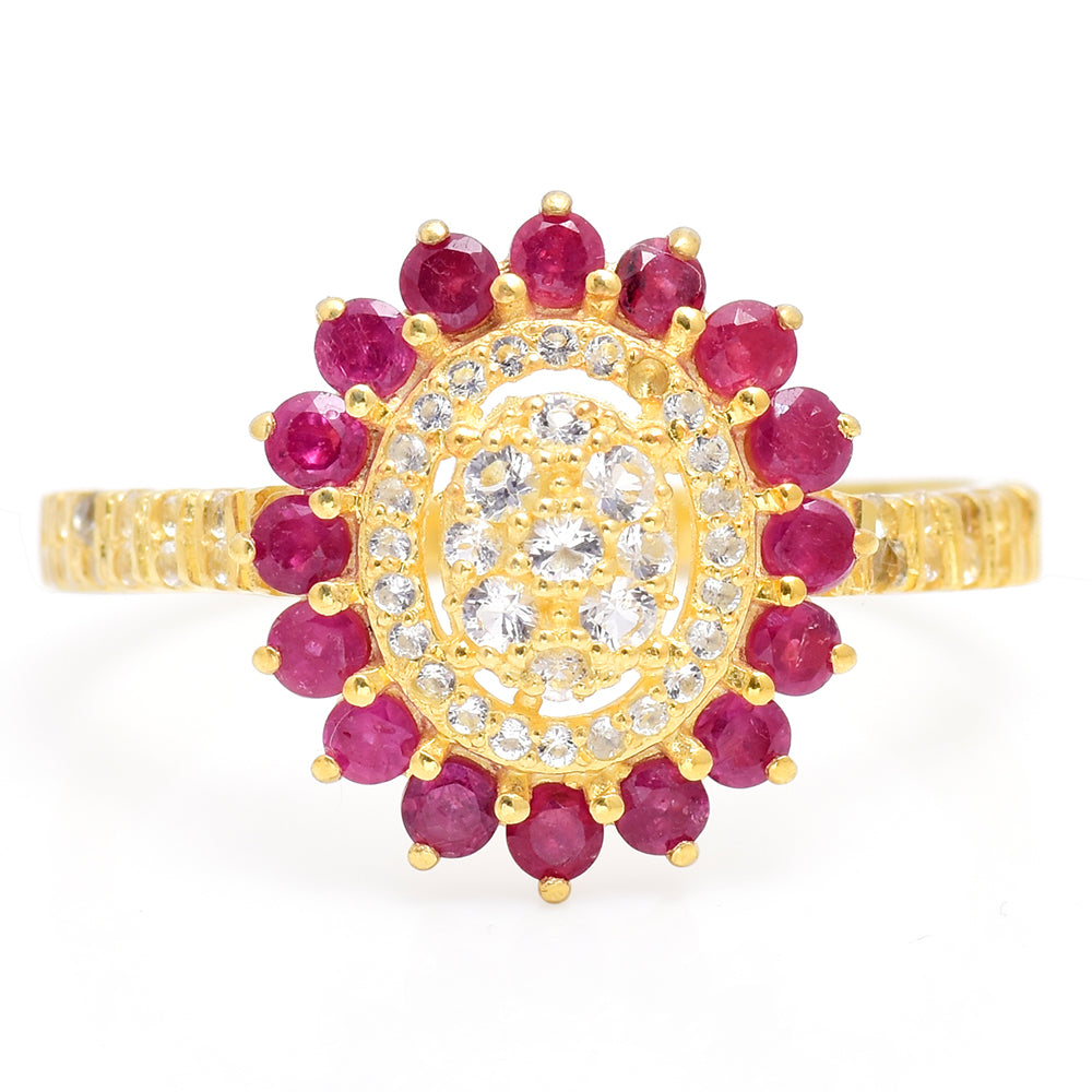 Pozlacené Stříbro 925/1000 - Prsten s Madagaskarským Rubínem a Bílým Topazem - Karátové číslo: 0.76. přibližná hmotnost: 3.25 gramů 1 