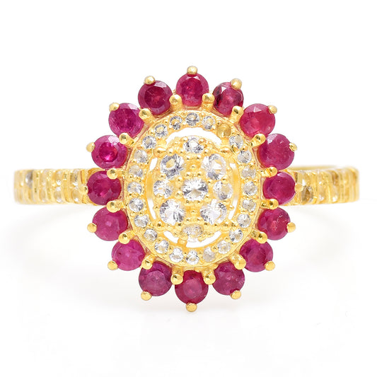 Pozlacené Stříbro 925/1000 - Prsten s Madagaskarským Rubínem a Bílým Topazem - Karátové číslo: 0.76. přibližná hmotnost: 3.25 gramů