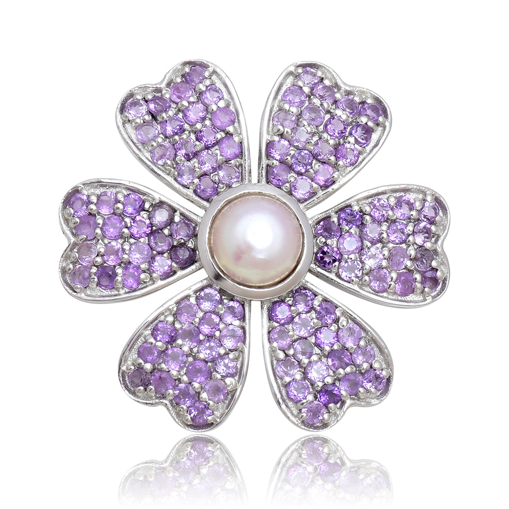 Stříbro 925/1000 - Brož s Marockým Ametystem a Bílou Sladkovodní Perlou - Karátové číslo: 0.85. přibližná hmotnost: 4.31 gramů