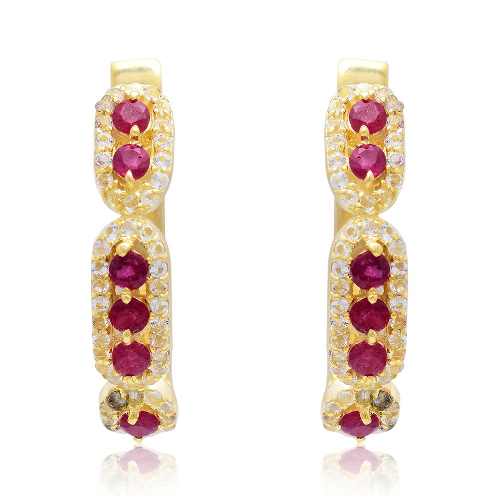 Pozlacené Stříbro 925/1000 - Náušnice s Madagaskarským Rubínem a Bílým Topazem - Karátové číslo: 0.01. přibližná hmotnost: 4.58 gramů 5 