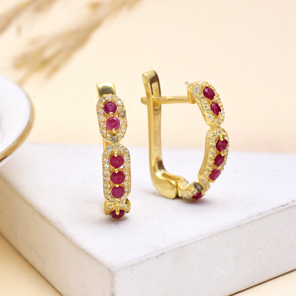 Pozlacené Stříbro 925/1000 - Náušnice s Madagaskarským Rubínem a Bílým Topazem - Karátové číslo: 0.01. přibližná hmotnost: 4.58 gramů 2 