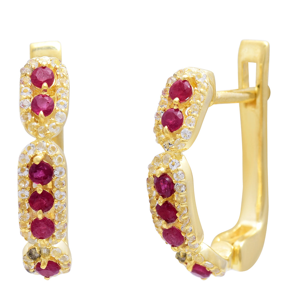 Pozlacené Stříbro 925/1000 - Náušnice s Madagaskarským Rubínem a Bílým Topazem - Karátové číslo: 0.01. přibližná hmotnost: 4.58 gramů 9 