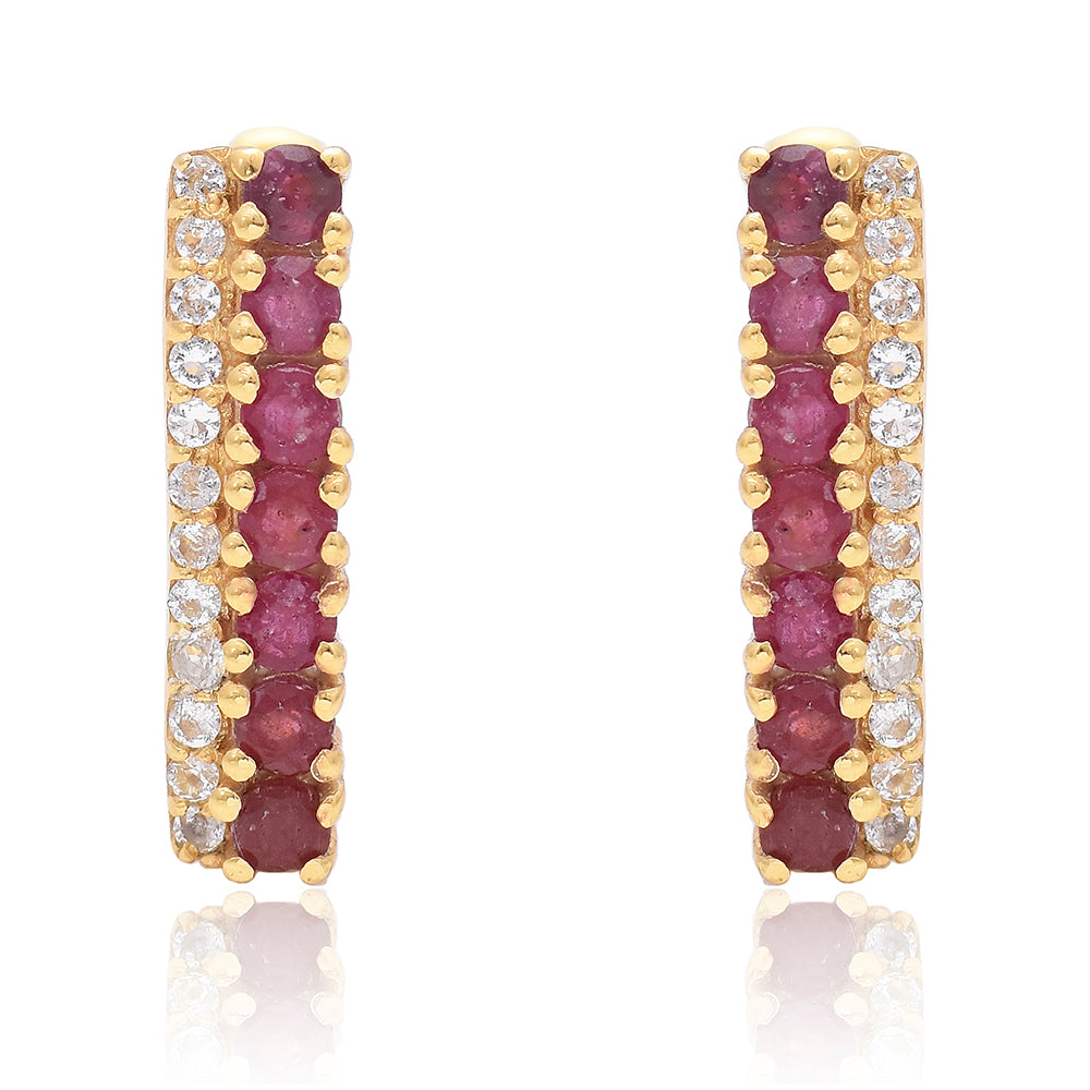 Pozlacené Stříbrné Náušnice s Madagaskarským Rubínem a Bílým Topazem