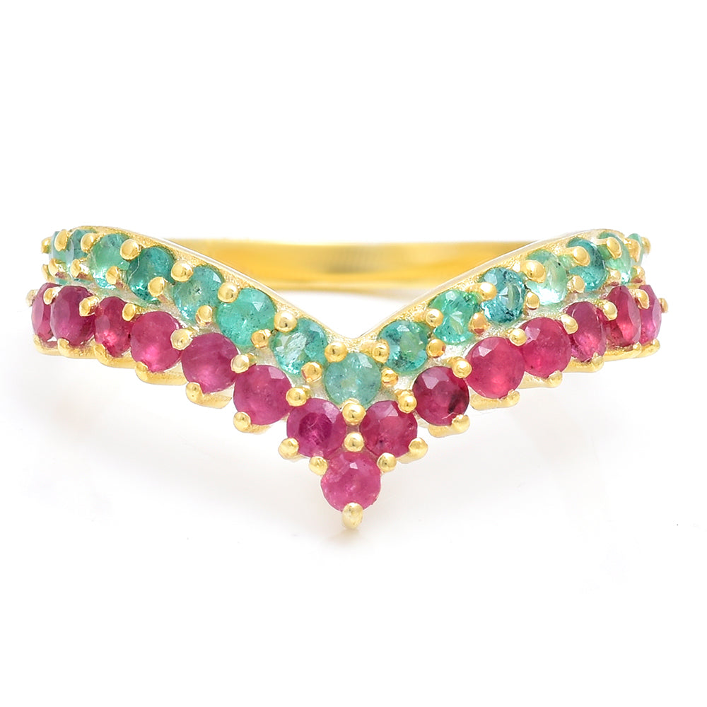 Pozlacené Stříbro 925/1000 - Prsten s Madagaskarským Rubínem a Brazilským Smaragdem - Karátové číslo: 0.9. přibližná hmotnost: 2.54 gramů 1 