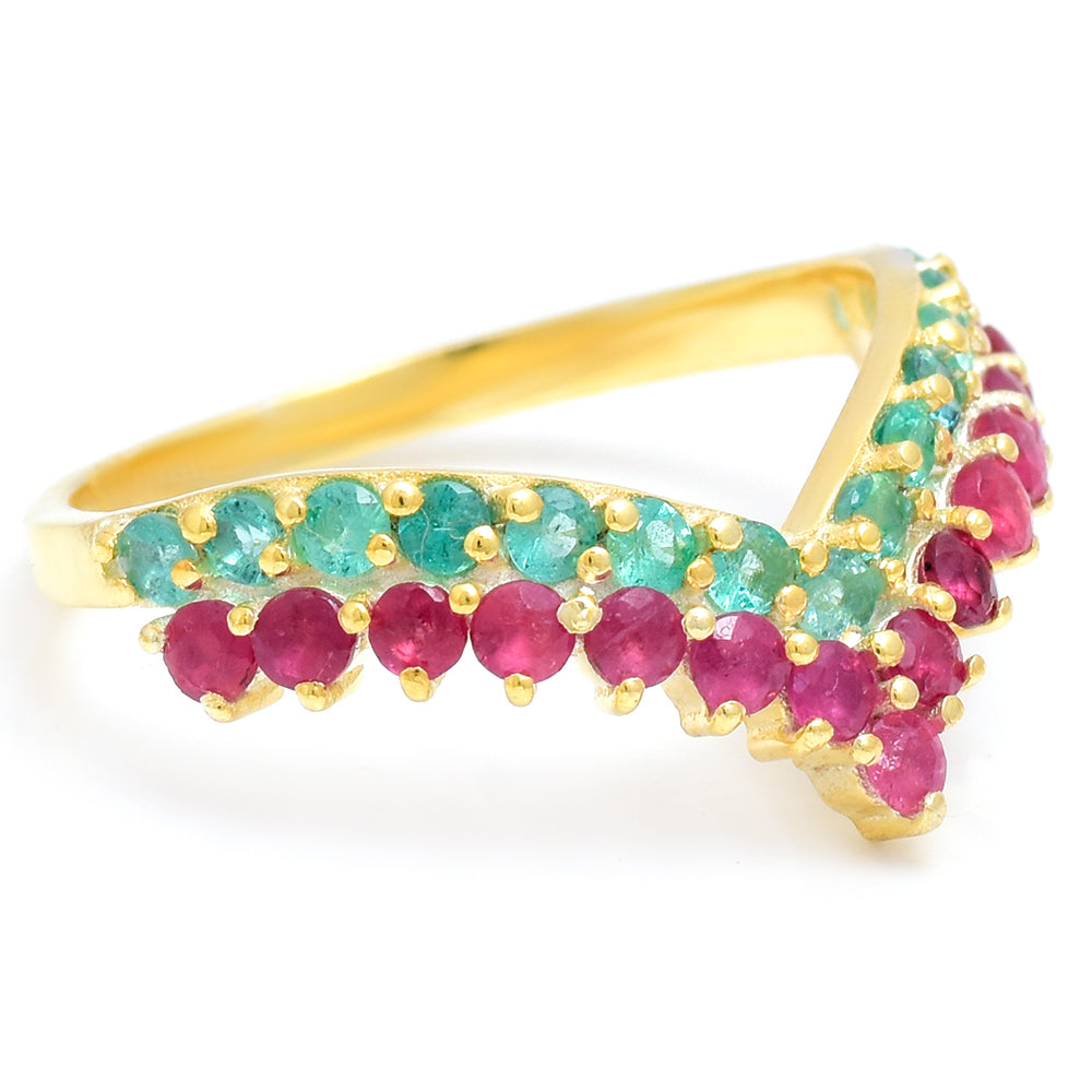 Pozlacené Stříbro 925/1000 - Prsten s Madagaskarským Rubínem a Brazilským Smaragdem - Karátové číslo: 0.9. přibližná hmotnost: 2.54 gramů 5 