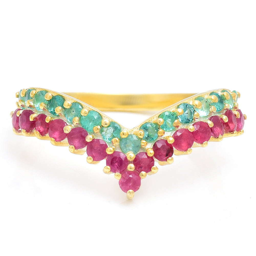 Pozlacené Stříbro 925/1000 - Prsten s Madagaskarským Rubínem a Brazilským Smaragdem - Karátové číslo: 0.9. přibližná hmotnost: 2.54 gramů