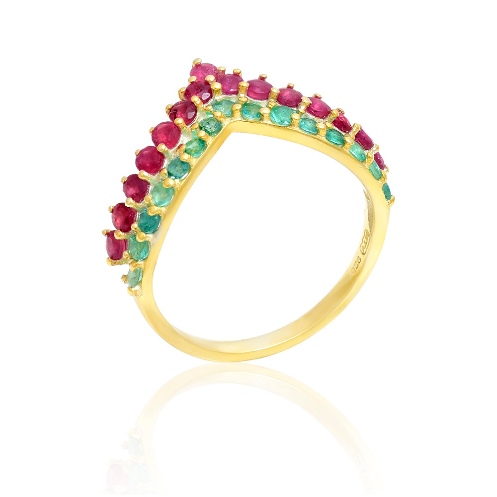 Pozlacené Stříbro 925/1000 - Prsten s Madagaskarským Rubínem a Brazilským Smaragdem - Karátové číslo: 0.9. přibližná hmotnost: 2.54 gramů