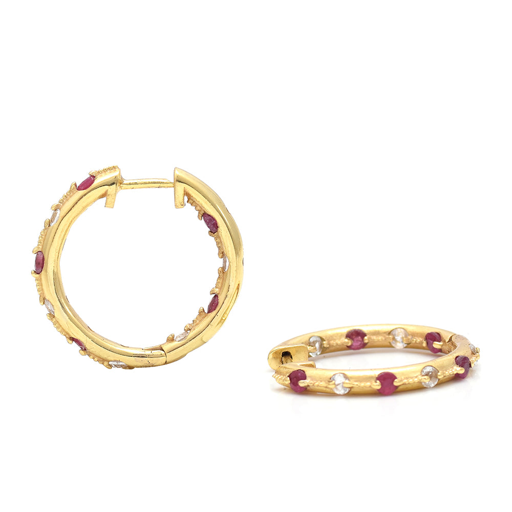 Pozlacené Stříbro 925/1000 - Náušnice s Madagaskarským Rubínem a Bílým Topazem - Karátové číslo: 1.78. přibližná hmotnost: 3.8 gramů 3 