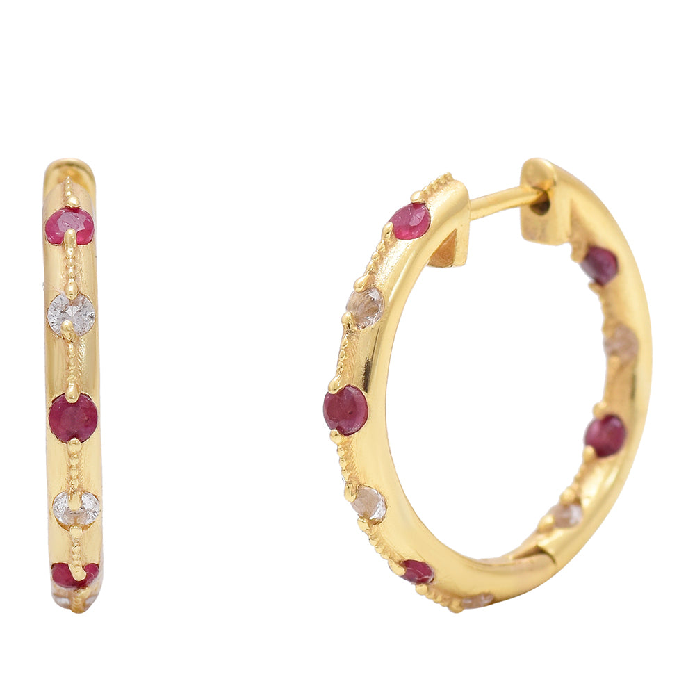 Pozlacené Stříbro 925/1000 - Náušnice s Madagaskarským Rubínem a Bílým Topazem - Karátové číslo: 1.78. přibližná hmotnost: 3.8 gramů 1 