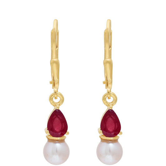 Pozlacené 925 / 1000 Sterlingové Stříbro Náušnice s Madagaskarským Rubínem a Bílou Sladkovodní Perlou