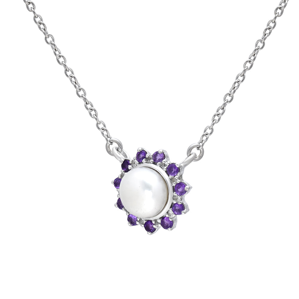 925 / 1000 Sterlingové Stříbro Náhrdelník s Marockým Ametystem a Bílou Sladkovodní Perlou 2 