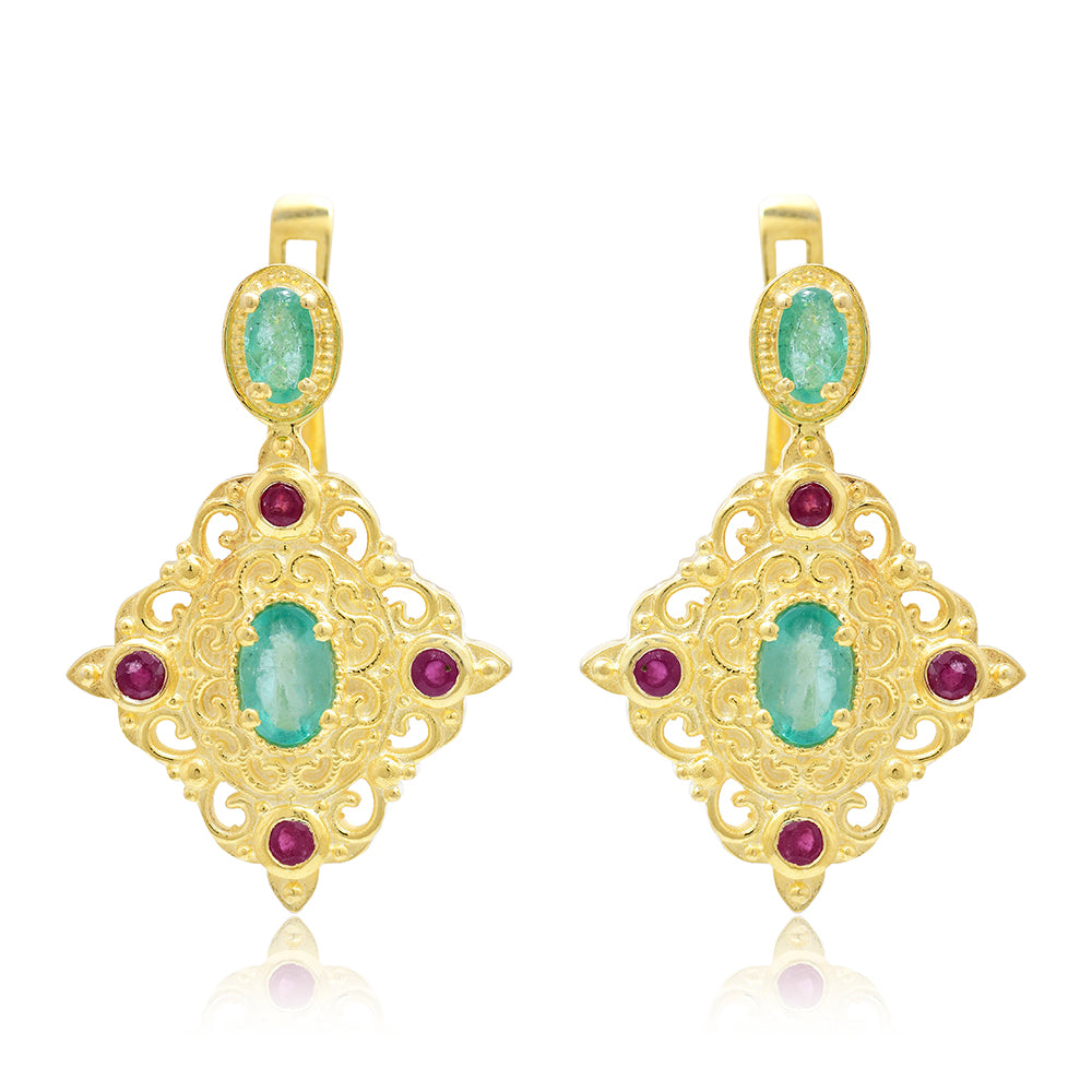 Pozlacené Stříbro 925/1000 - Náušnice s Madagaskarským Rubínem a Brazilským Smaragdem - Karátové číslo: 1.96. přibližná hmotnost: 7.27 gramů 7 