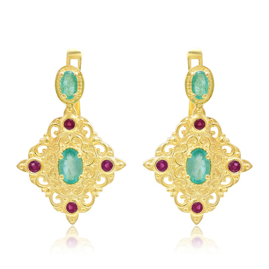 Pozlacené Stříbro 925/1000 - Náušnice s Madagaskarským Rubínem a Brazilským Smaragdem - Karátové číslo: 1.96. přibližná hmotnost: 7.27 gramů